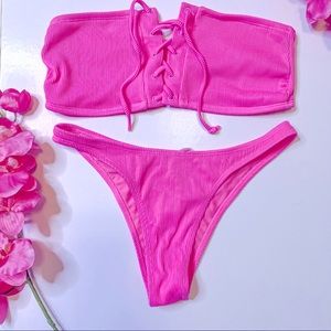 Strapless ribbed neon pink bikini
